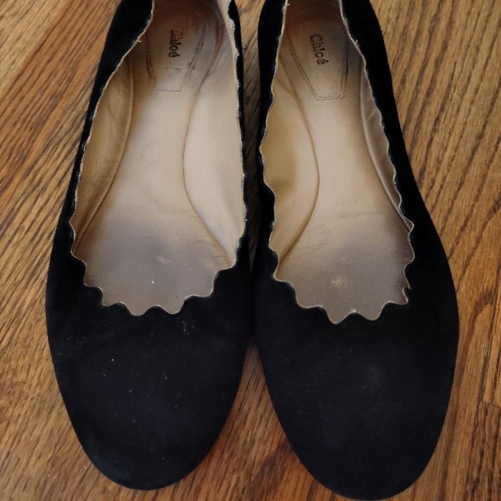Chloe Lauren‎ Suede Scalloped Ballet Flats Black Leather Slip On Shoes Size 37